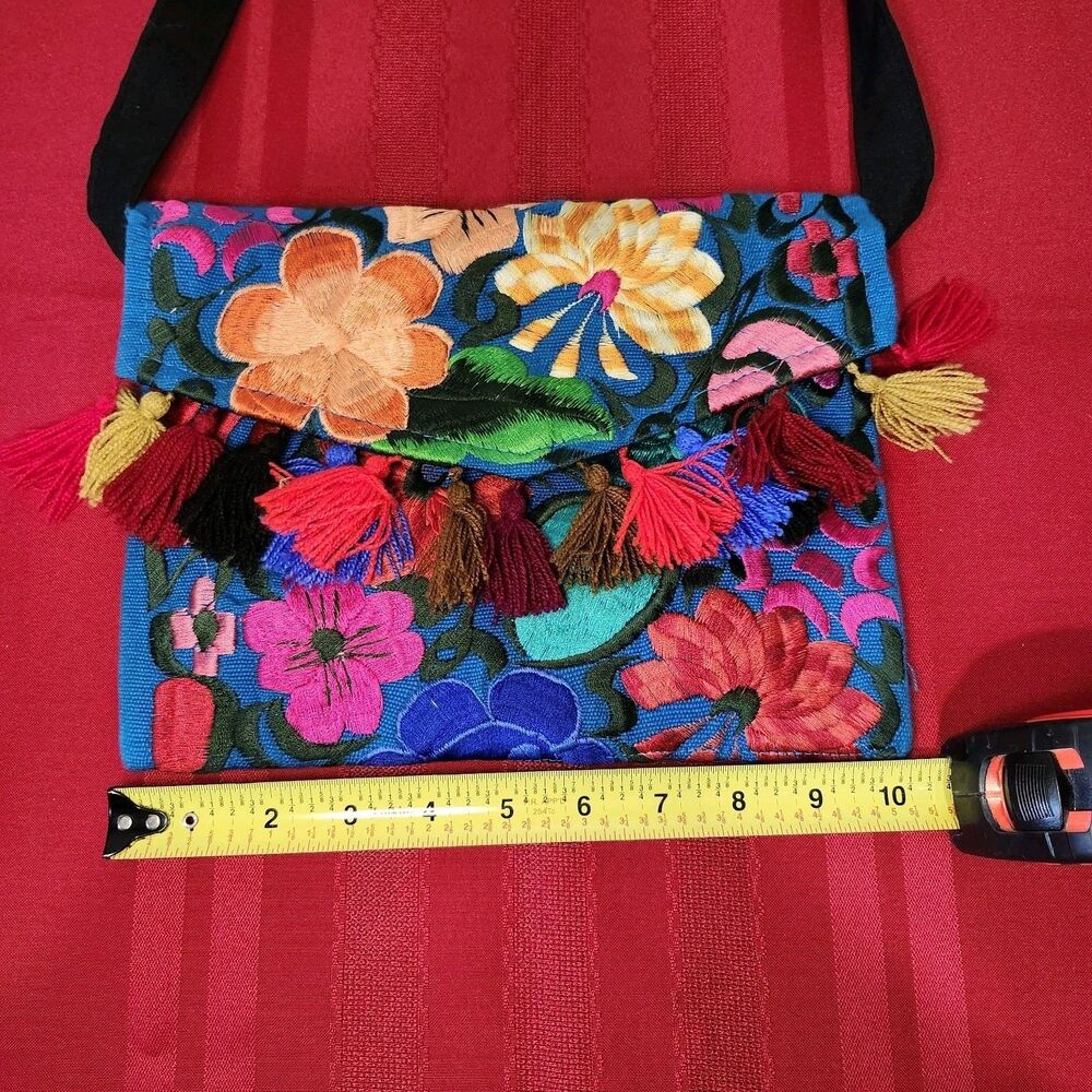 Mexican Embroidered Floral Clutch Crossbody Purse Tassel Handmade Artesanal - Picture 5 of 6